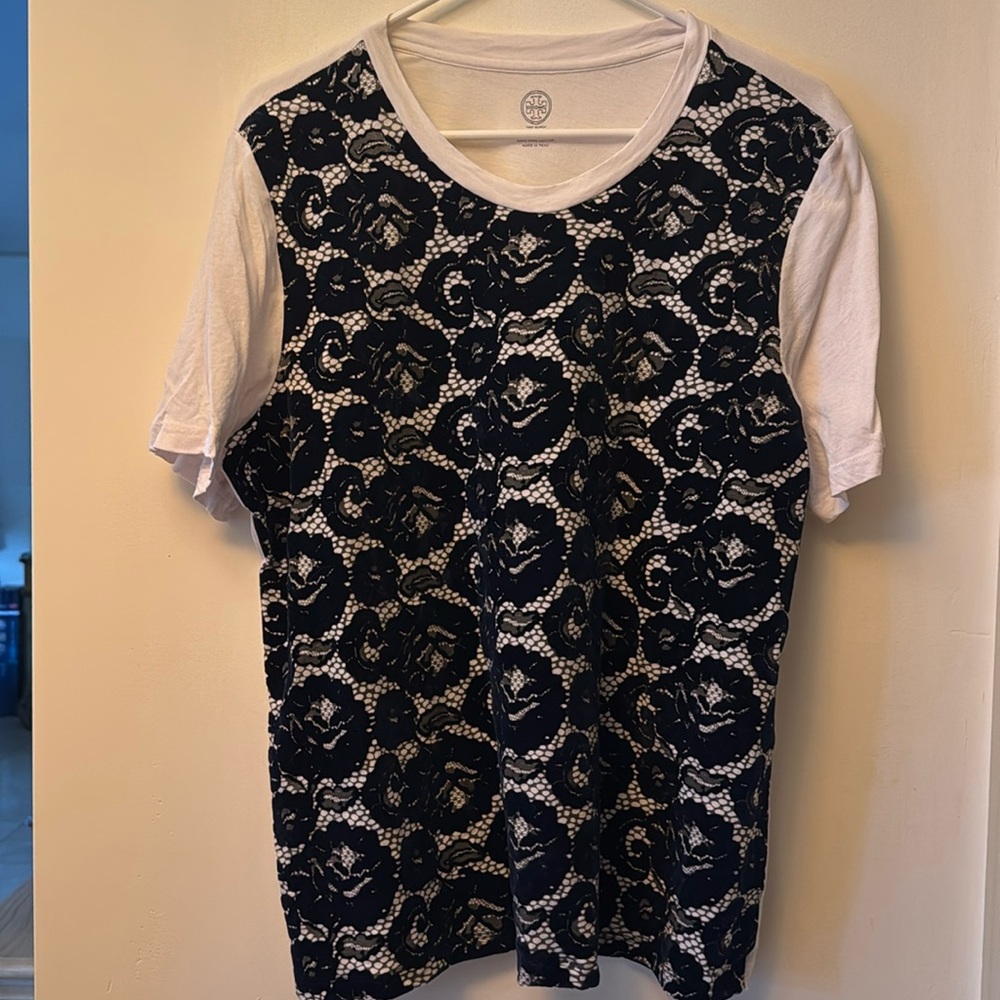 Tory Burch Tee 100% Pima Cotton Blue Velvet White Floral Size XL